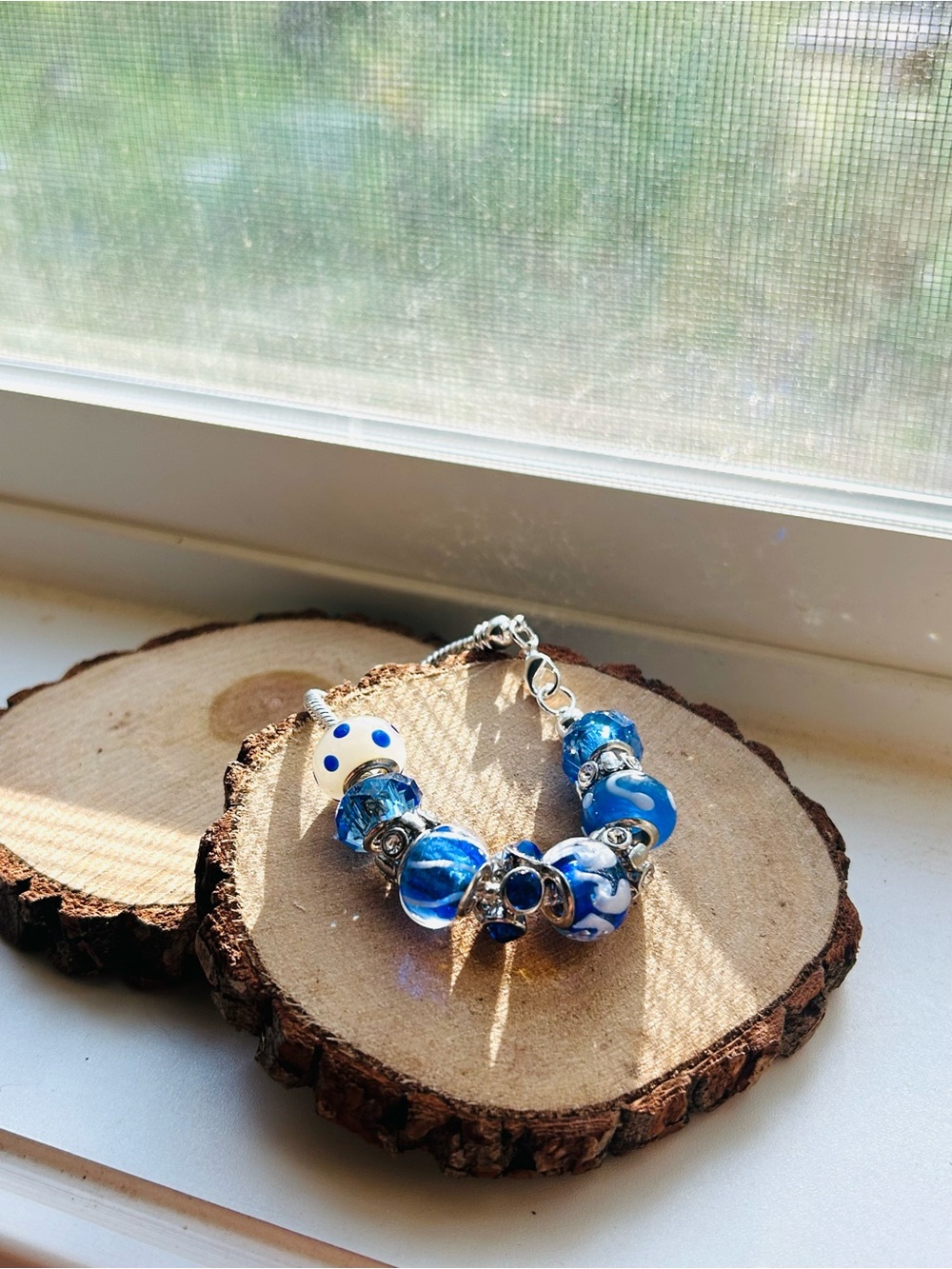 Blue & White Beaded Charm Bracelet | Glass Bead Bracelet | Coastal Jewelry - Picture 6 of 8